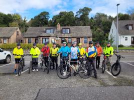 Club President Sandy Murray (center of picture waring Prostate Scotland cycle jersey) lead us on our way...